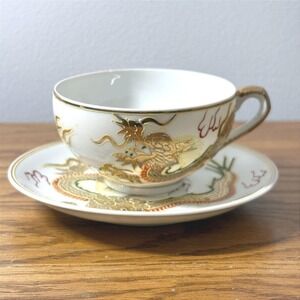 Crest Japan‎ Lithophane Tea Cup Saucer Set Gold Moriage Dragon Geisha  Vintage